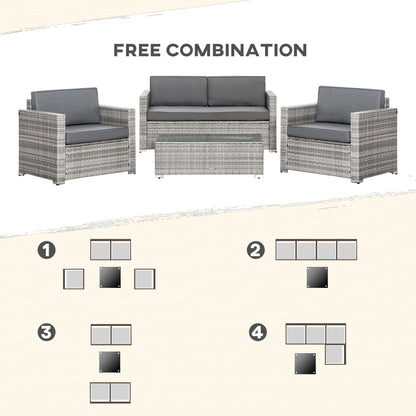 Outsunny 4 Pcs Rattan Patio Set - Thick Cushions, Mixed Grey