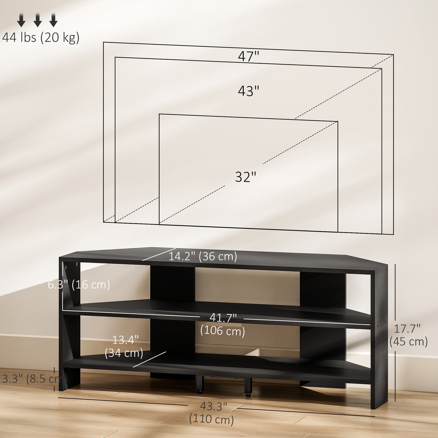 Meuble TV de coin avec 2 tablettes ouvertes