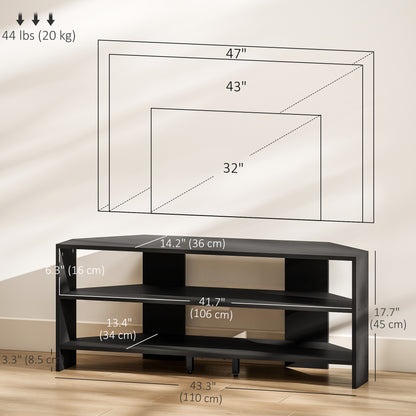 Meuble TV de coin avec 2 tablettes ouvertes