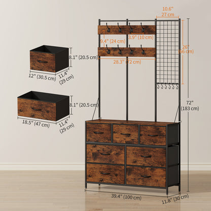 Hall tree 4-en-1 avec commode 7 tiroirs et crochets