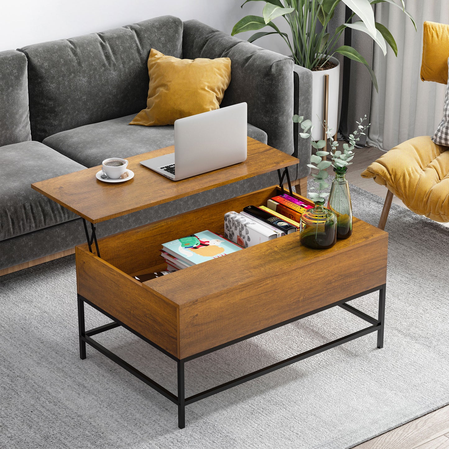 Table basse plateau relevable avec rangement caché