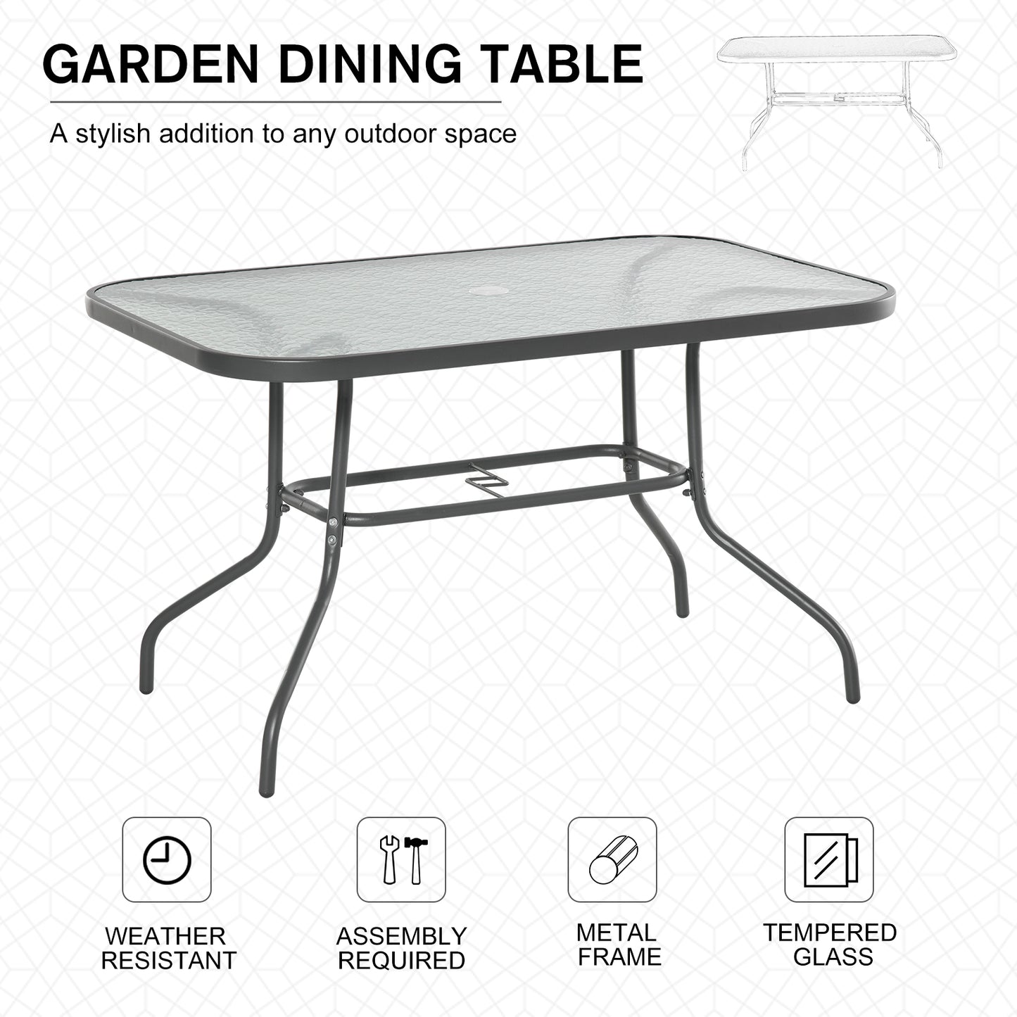 Table de patio en verre trempé avec trou pour parasol
