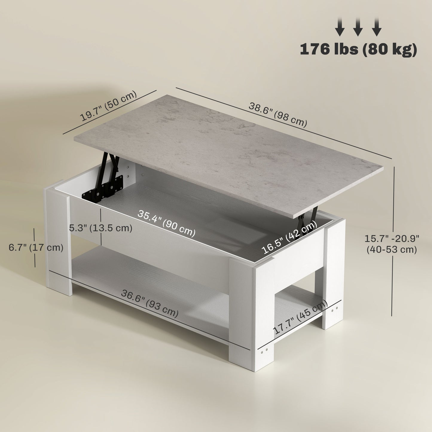 Table basse relevable avec rangement caché et tablette