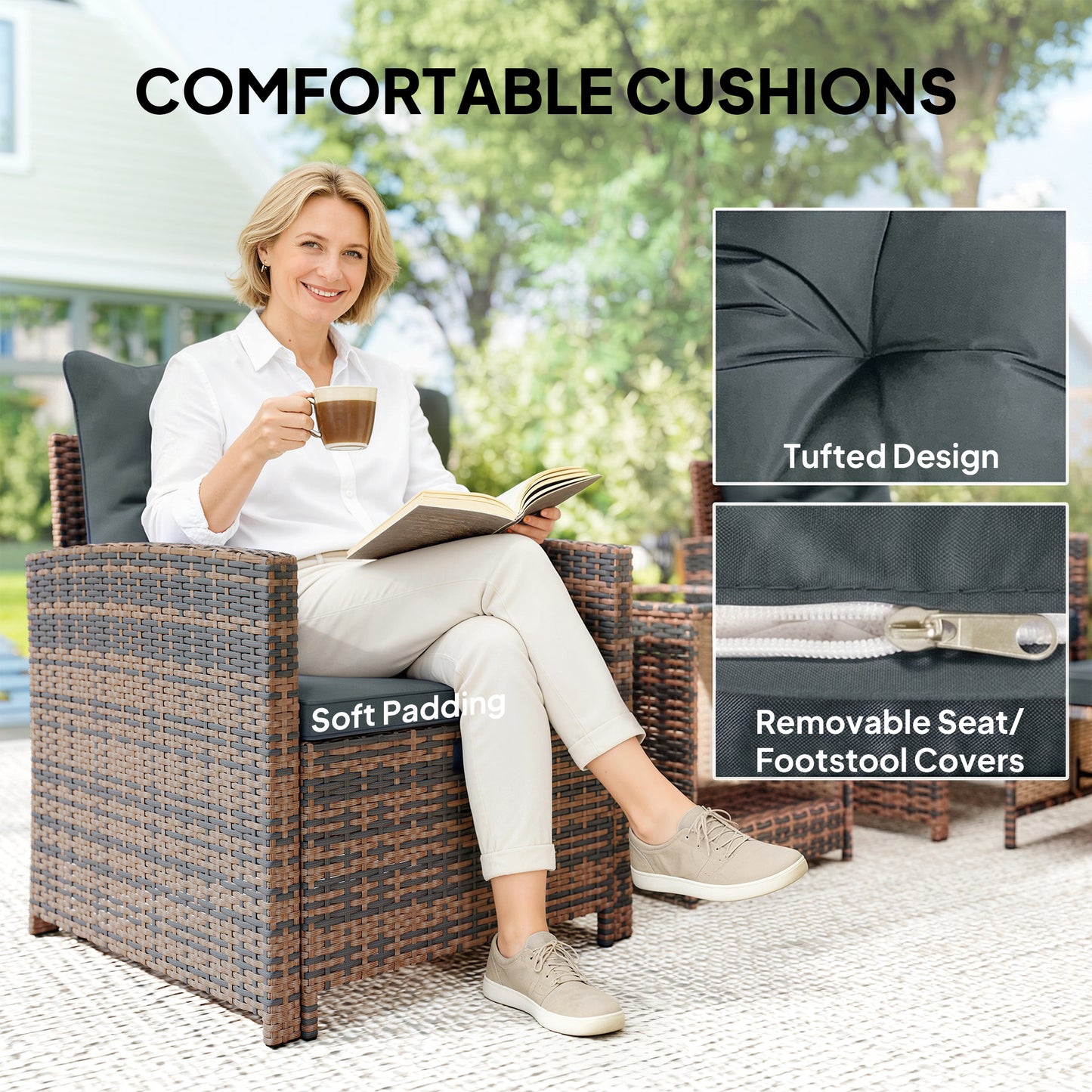 Outsunny 5-Piece Rattan Patio Set - Chairs + Ottomans + Glass Table