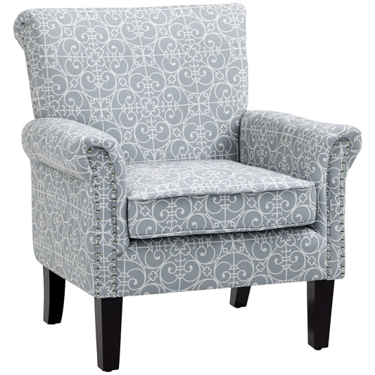 Fauteuil accent tissu lin clouté accoudoirs roulés