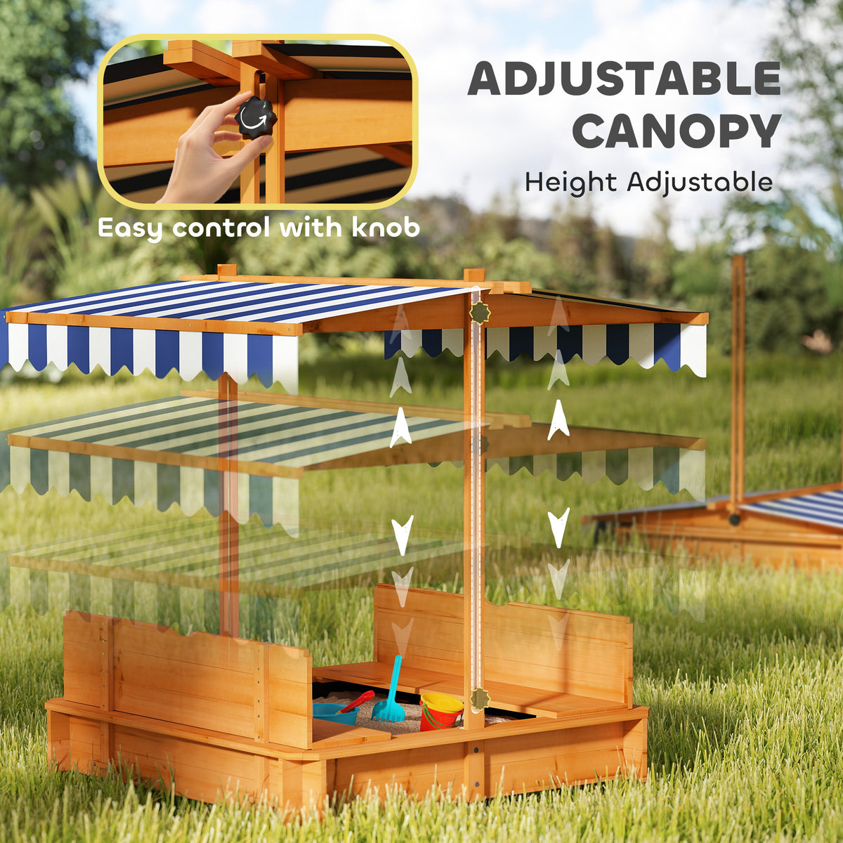 Bac à sable enfant avec auvent ajustable et bancs