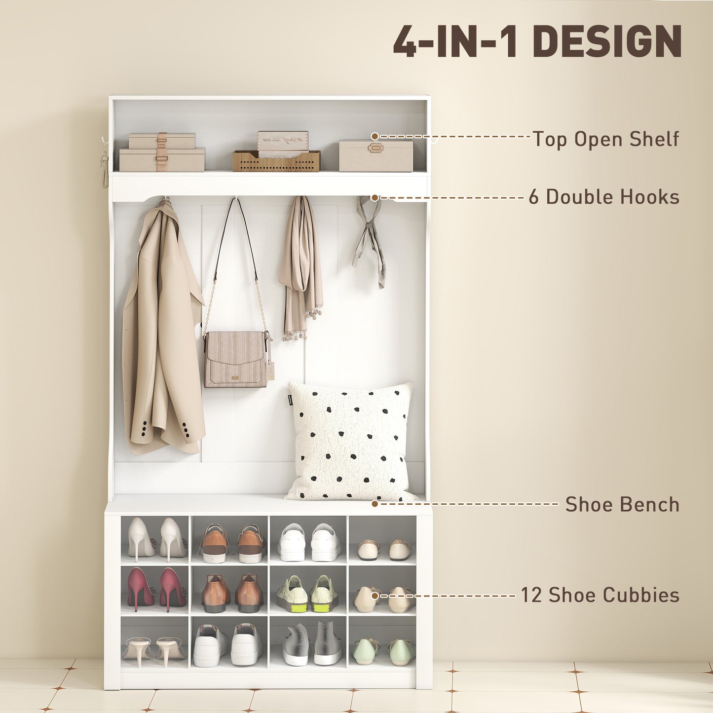 Hall tree 4-en-1 avec banc et 12 casiers à chaussures