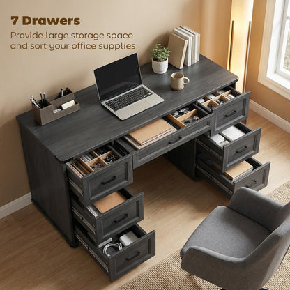 Bureau d'ordinateur 7 tiroirs style fermette 140 cm