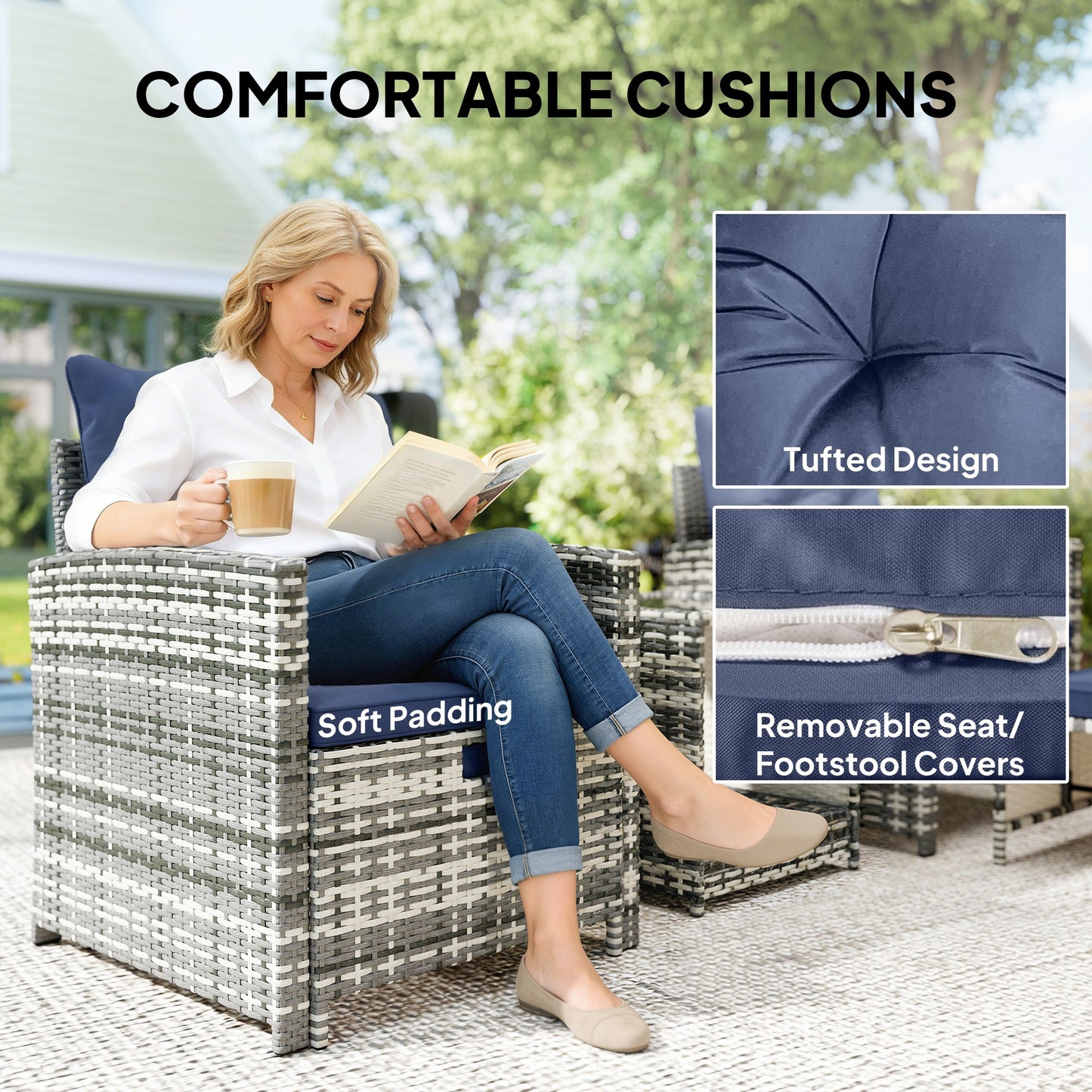 Outsunny 5-Piece Rattan Patio Set - Chairs + Ottomans + Glass Table
