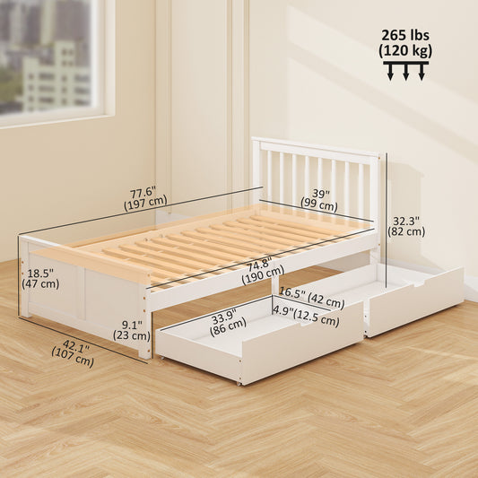 Cadre de lit simple en pin avec tiroirs
