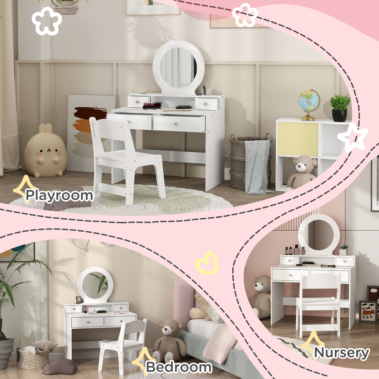Coiffeuse enfant avec miroir et tabouret 4 tiroirs