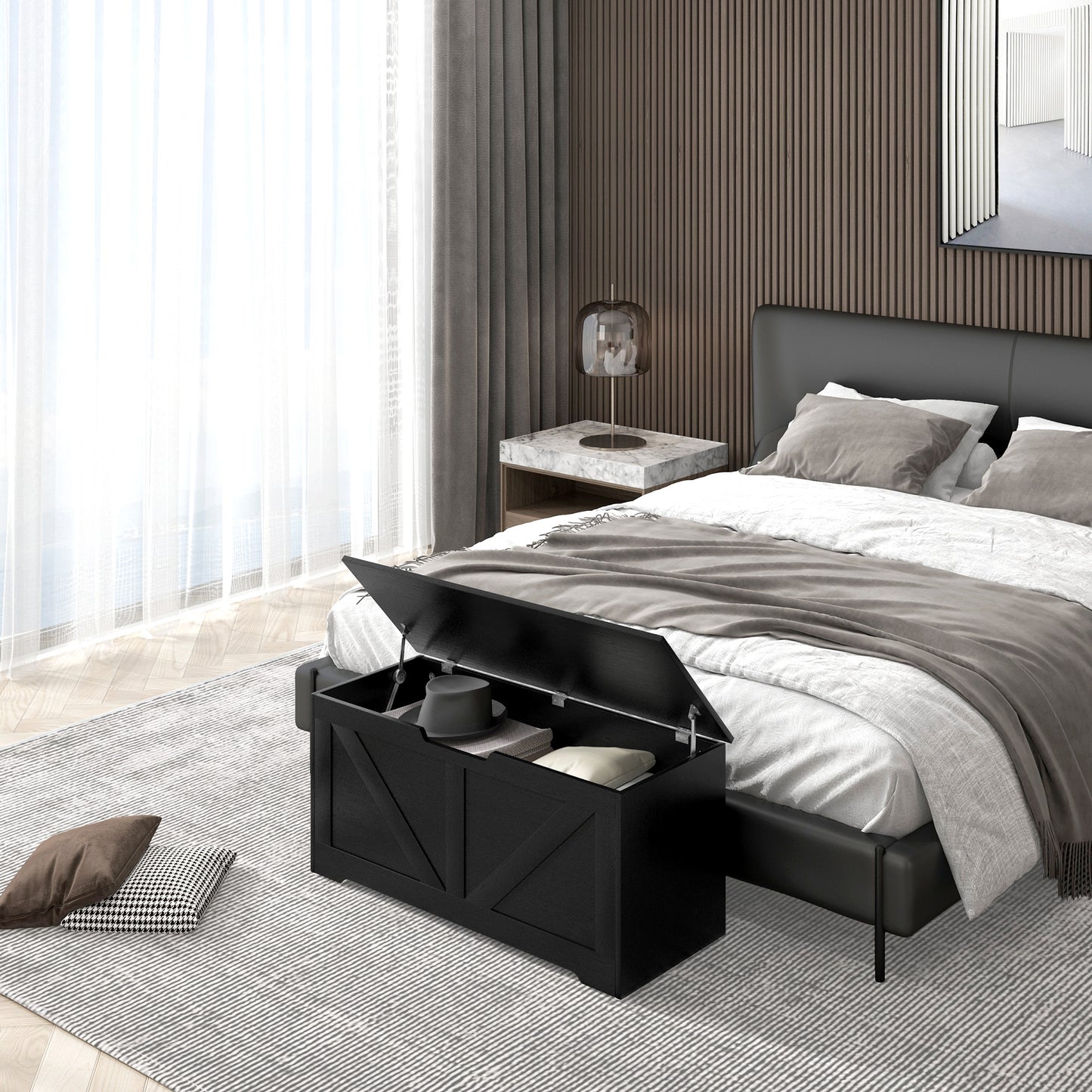 Coffre de rangement spacieux avec charnières sécurisées 100 cm — Grain de bois noir