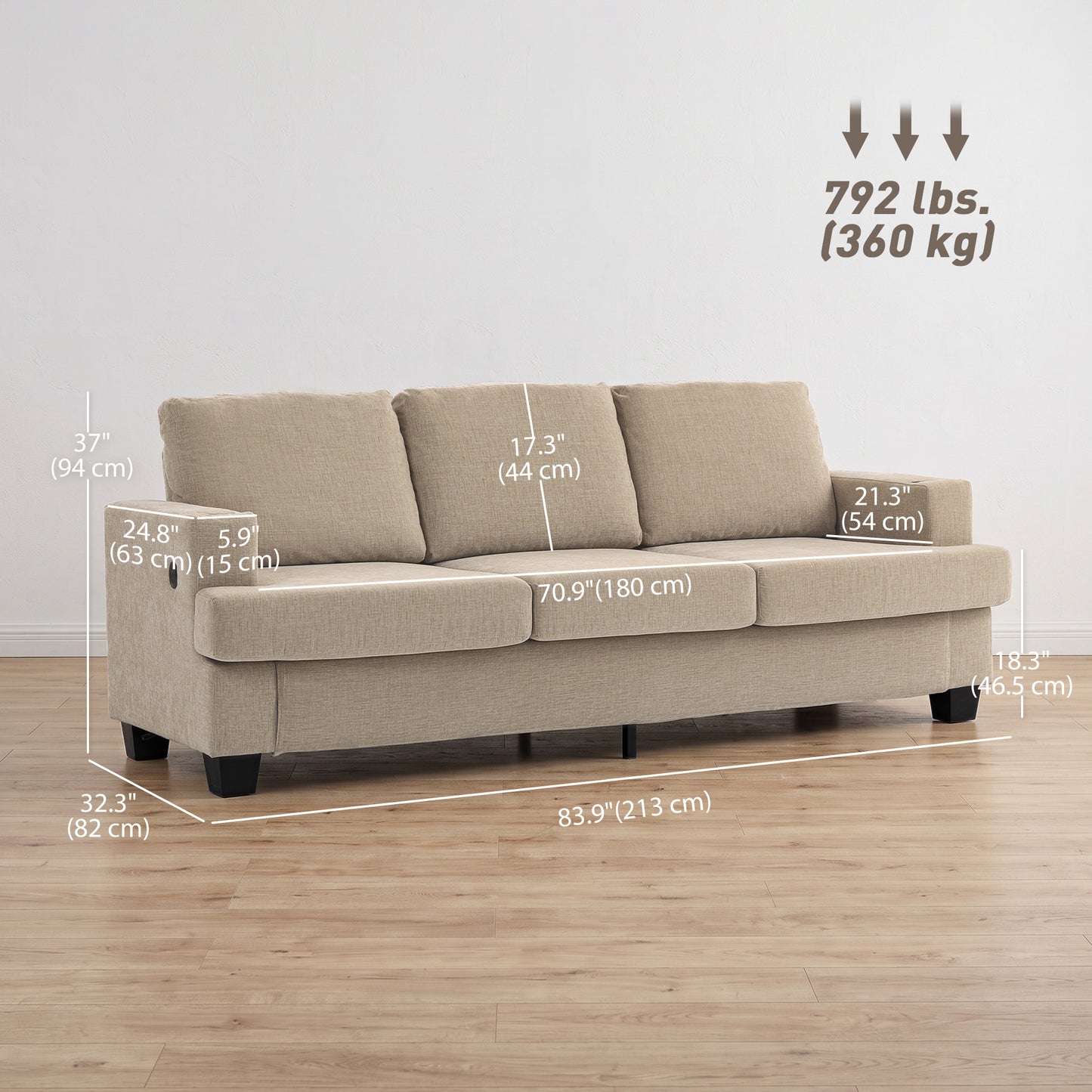 Canapé 3 places avec ports USB et porte-gobelets