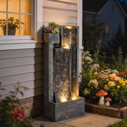 Fontaine d'eau extérieure 3 étages avec lumières LED et jardinière