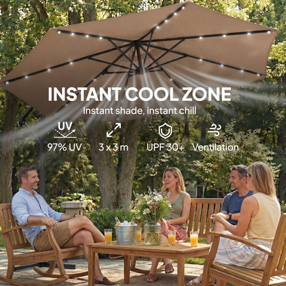 Parasol déporté avec lumières solaires LED et manivelle