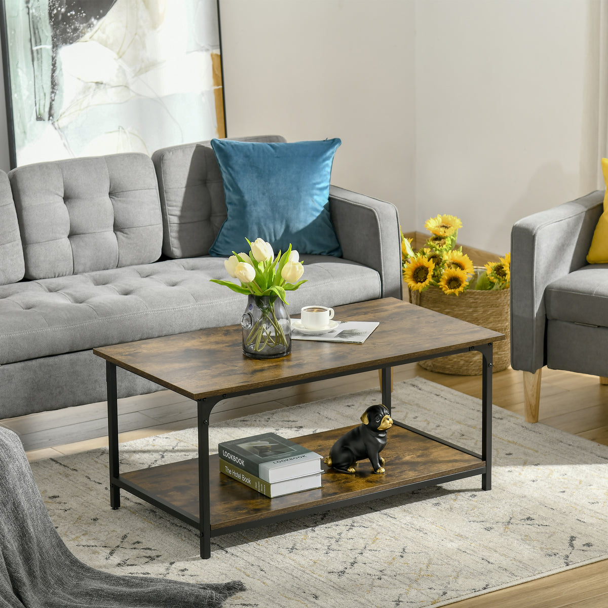 Table basse industrielle avec étagère de rangement