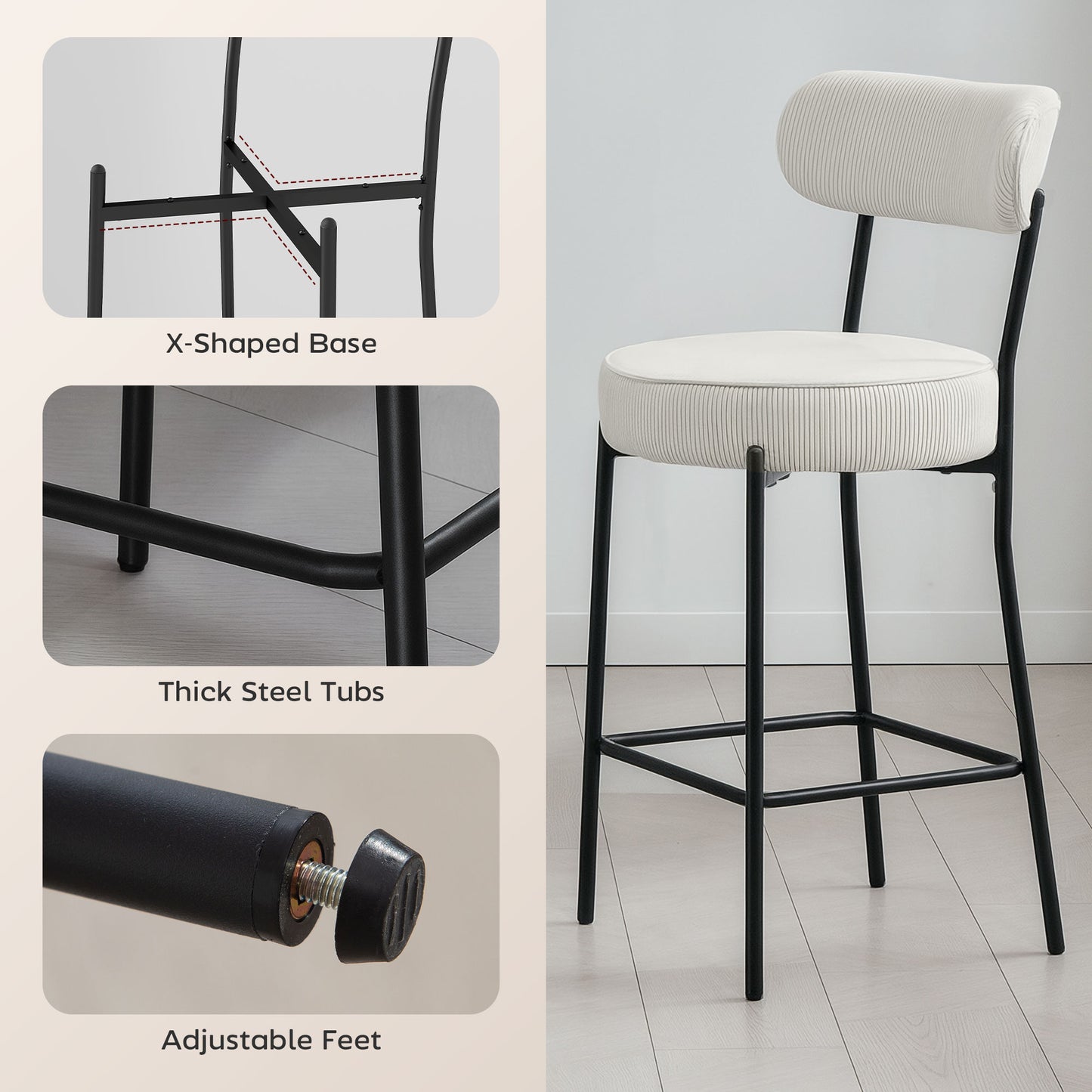 Tabourets de bar rembourrés en velours côtelé — lot de 2