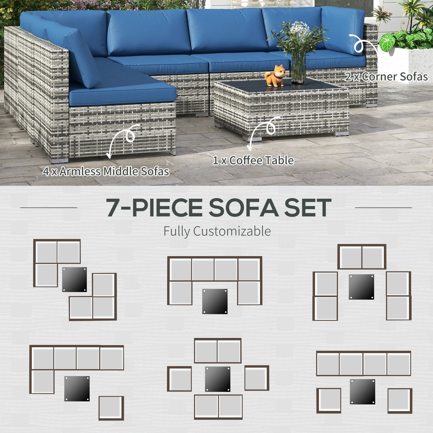 Ensemble de meubles de patio 7 pièces rotin modulaire