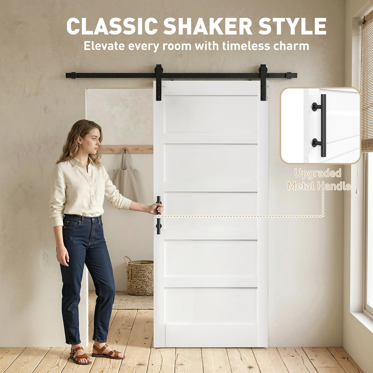 Porte de grange coulissante style Shaker avec quincaillerie