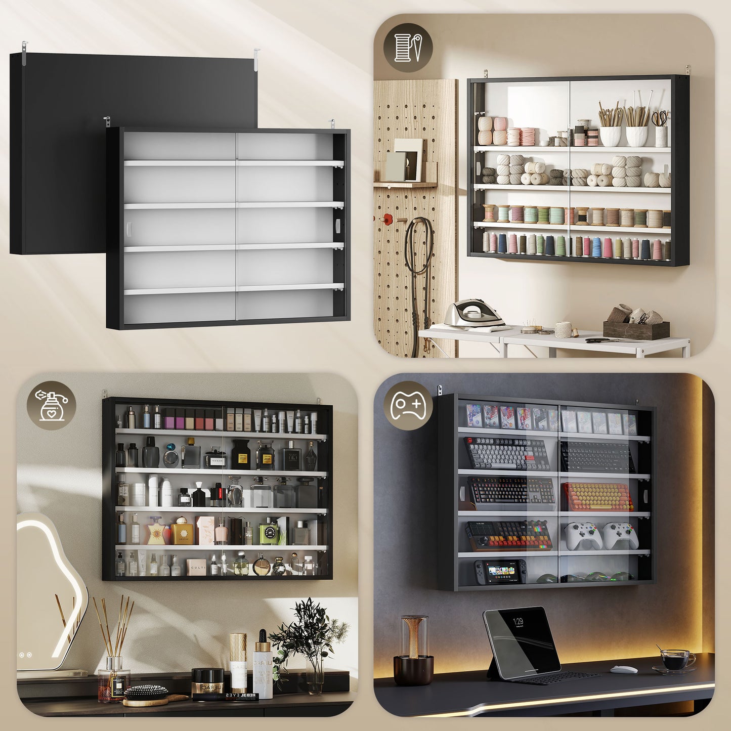 Vitrine murale 5 tablettes avec 2 portes en verre