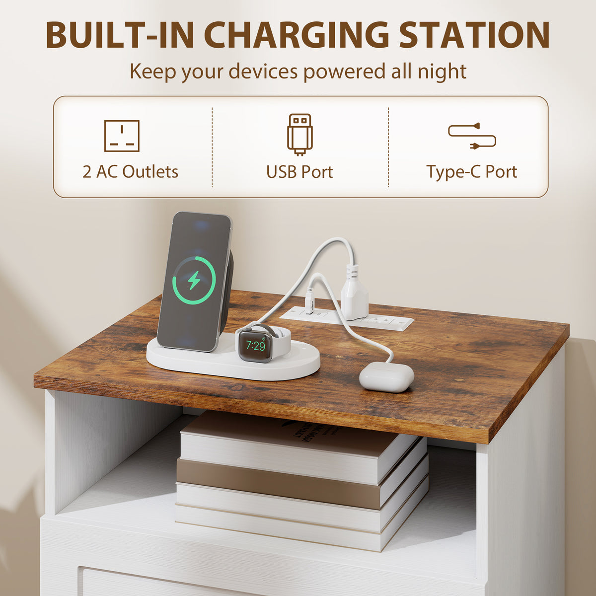 Tables de chevet avec station de recharge — Lot de 2