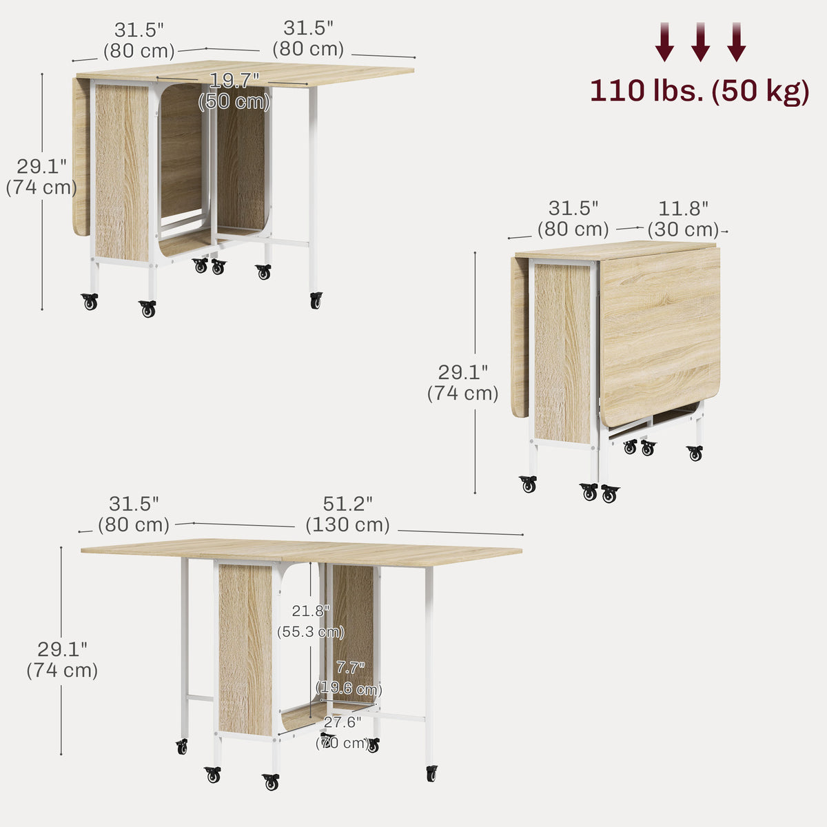 Table à manger pliante extensible avec tablette et roulettes