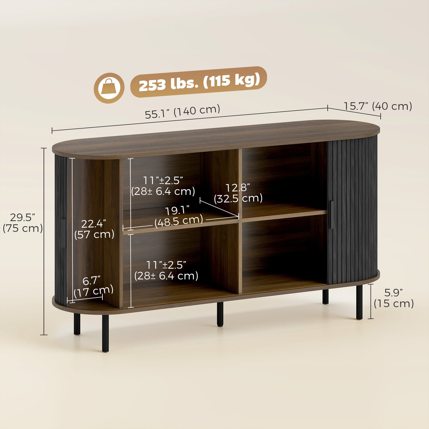Buffet bahut cannelé portes coulissantes tablettes réglables