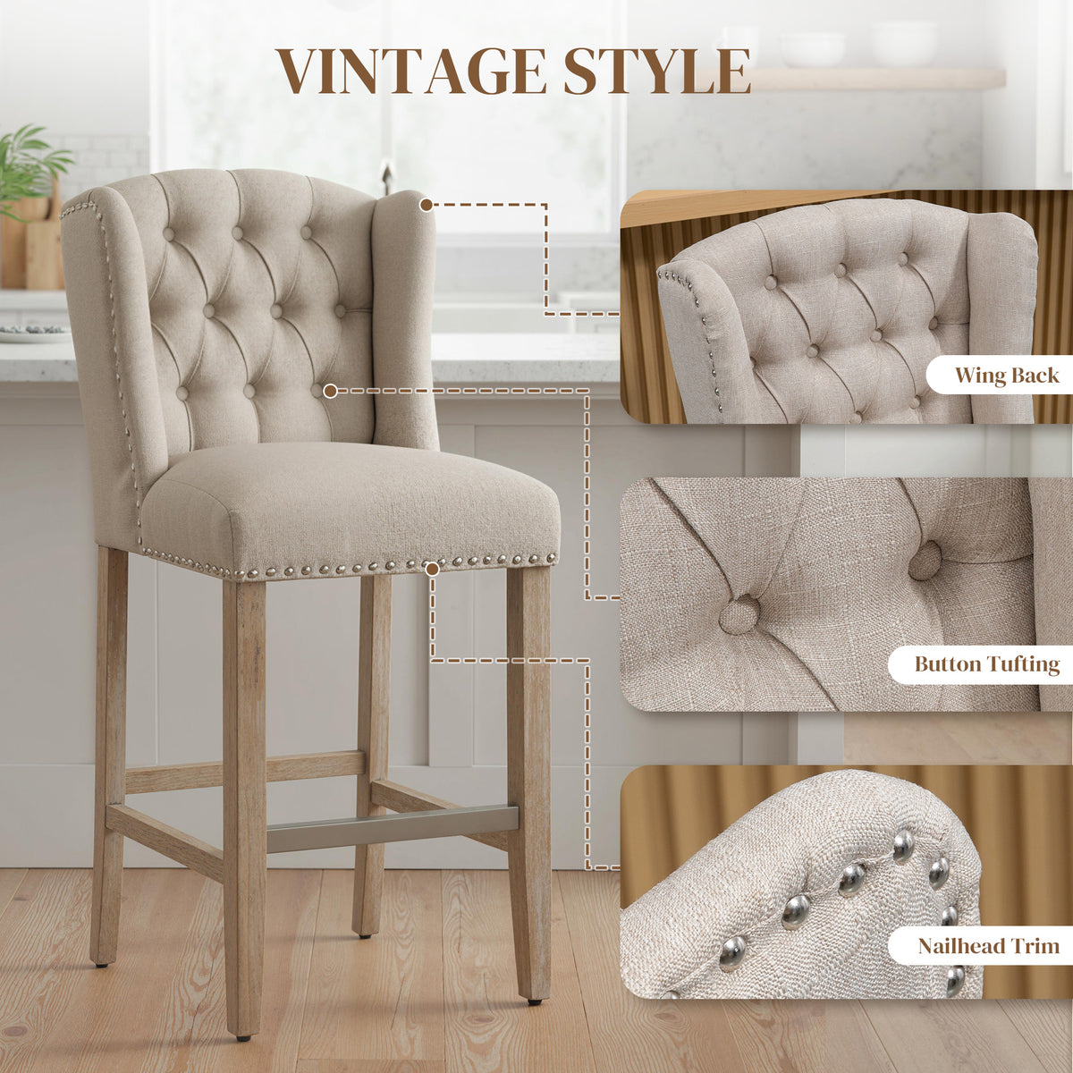 Ensemble 2 tabourets comptoir capitonné — beige