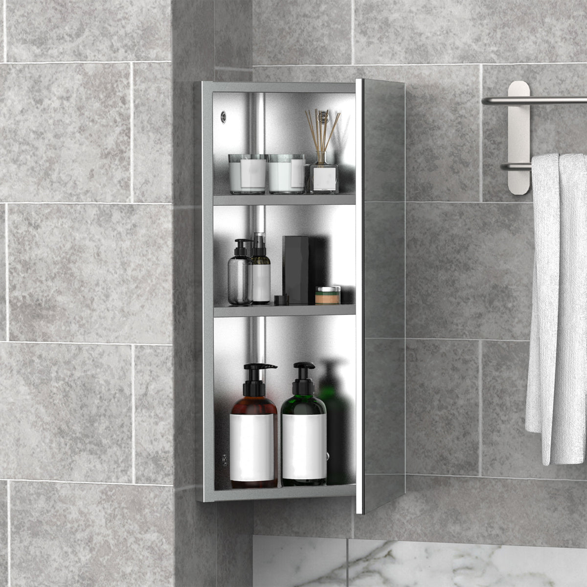 Armoire de toilette d'angle murale en acier inoxydable