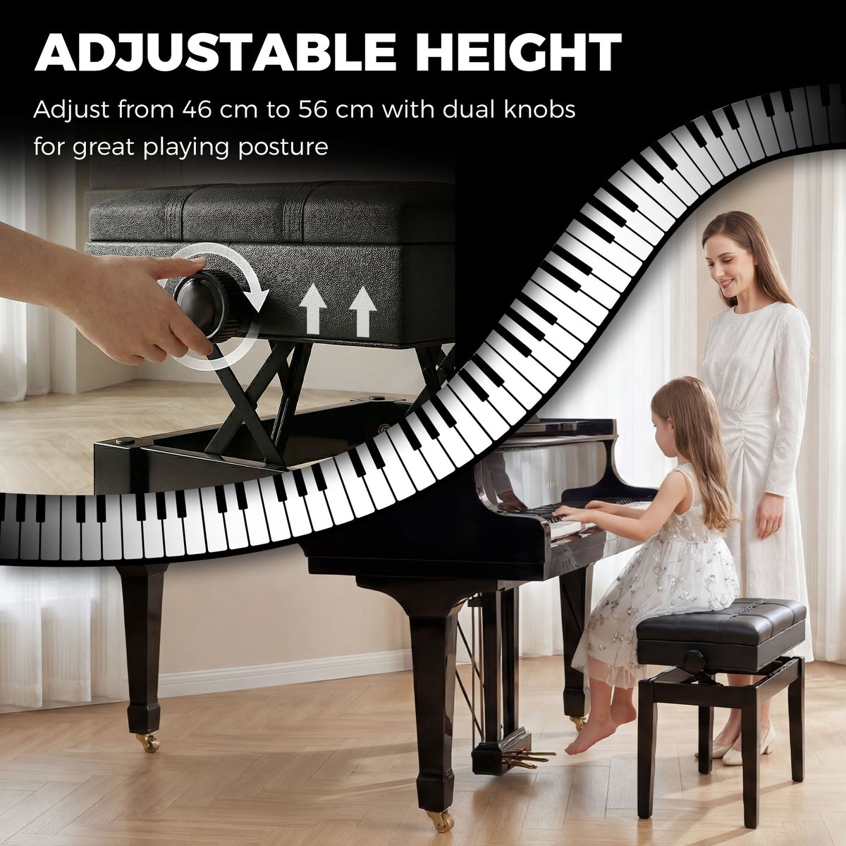 Banc de piano réglable en similicuir avec rangement