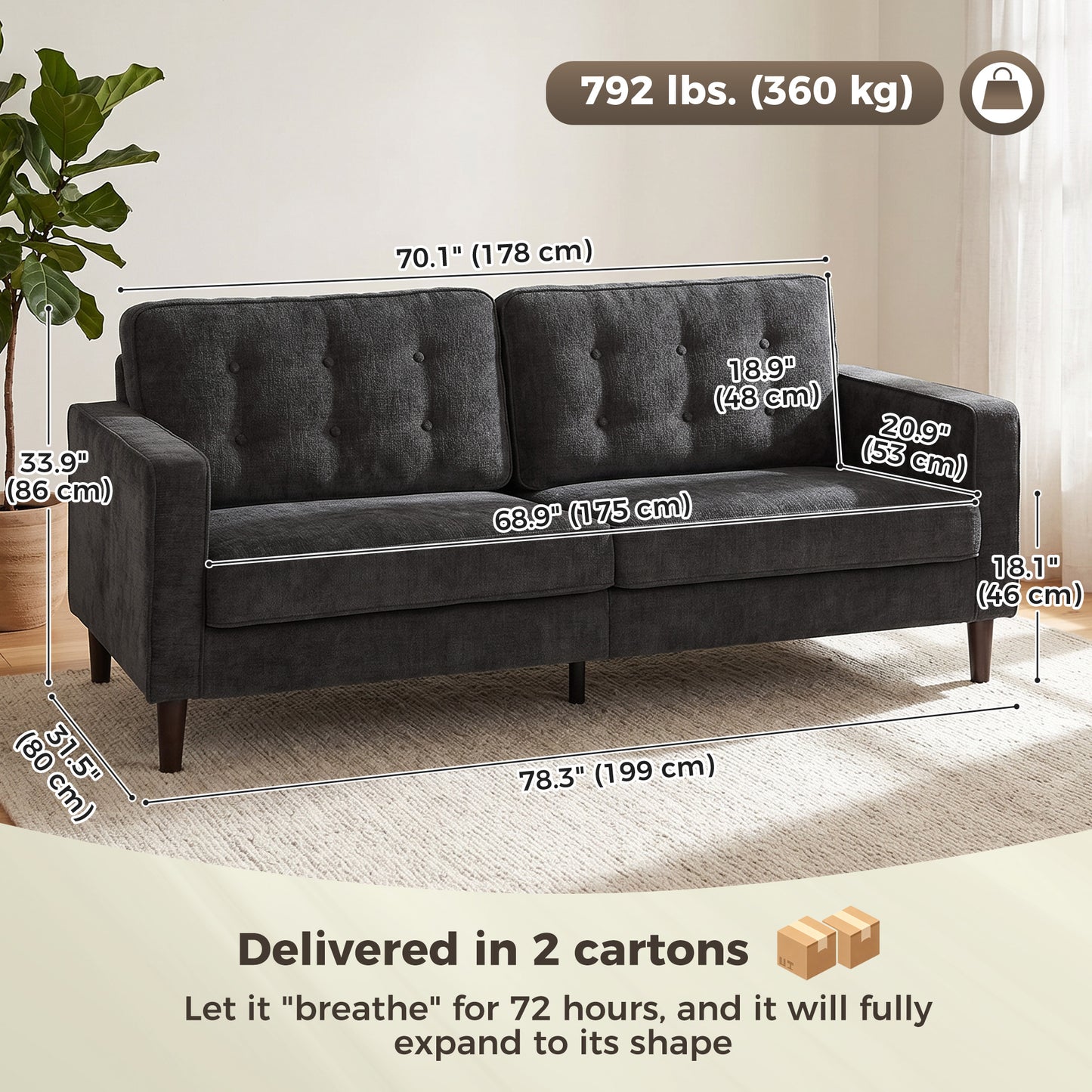 Sofa 3 places capitonné en velours avec pieds en bois
