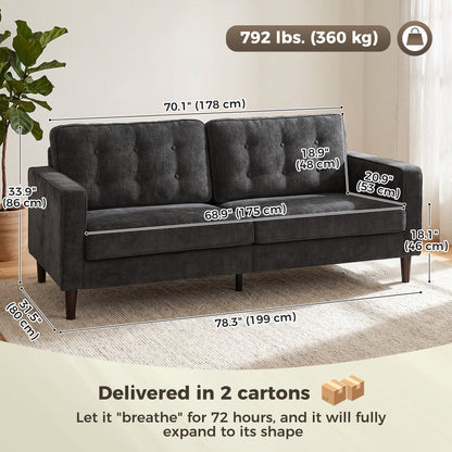Sofa 3 places capitonné en velours avec pieds en bois