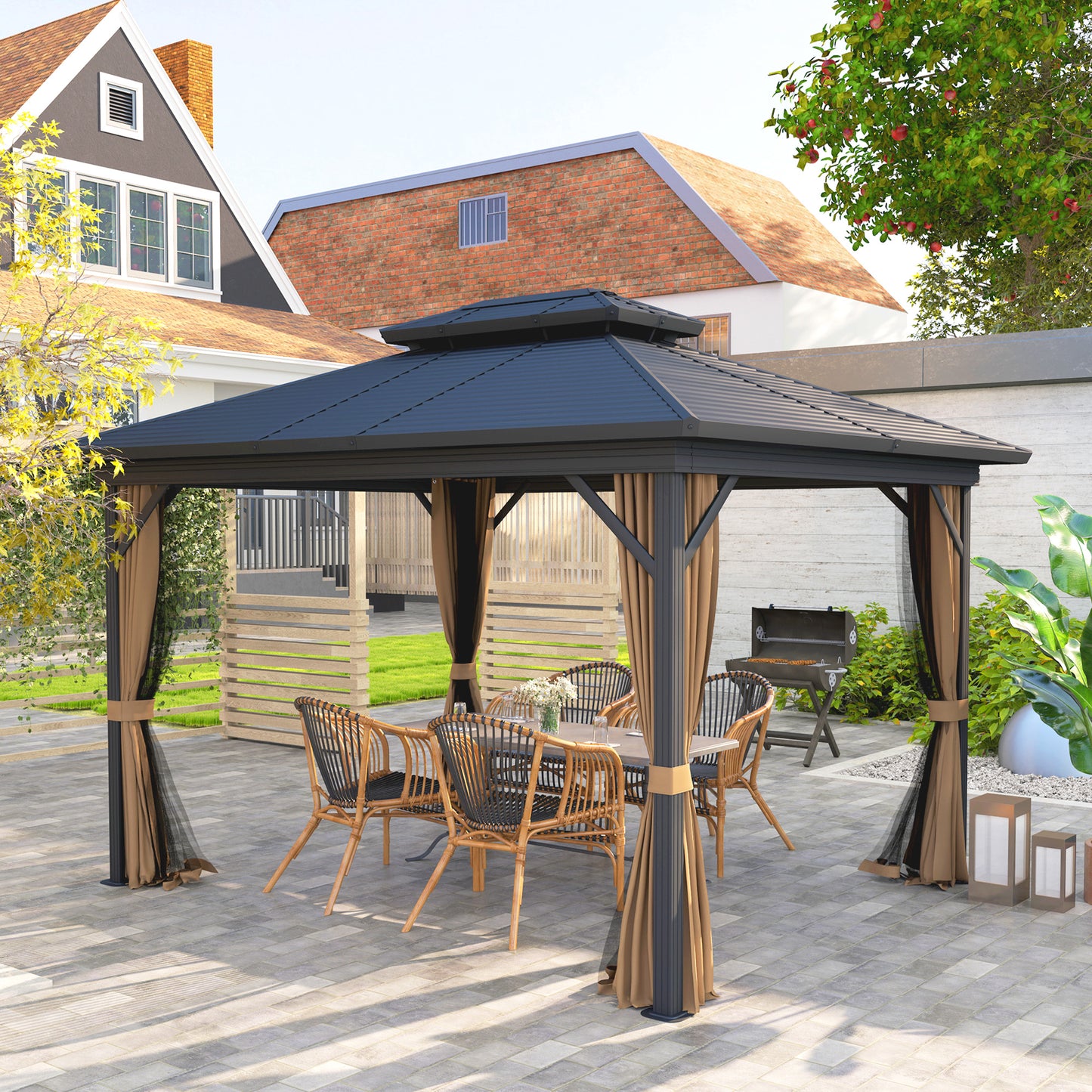 Gazébo toit rigide 3x3,7m double niveau moustiquaire