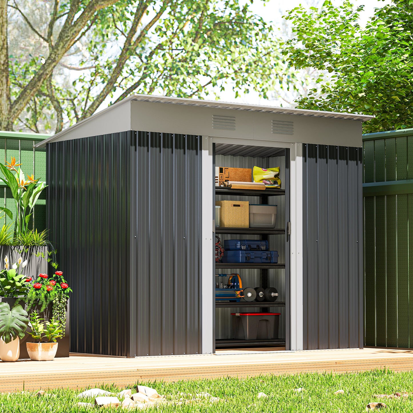 Abri de jardin en acier galvanisé avec portes coulissantes