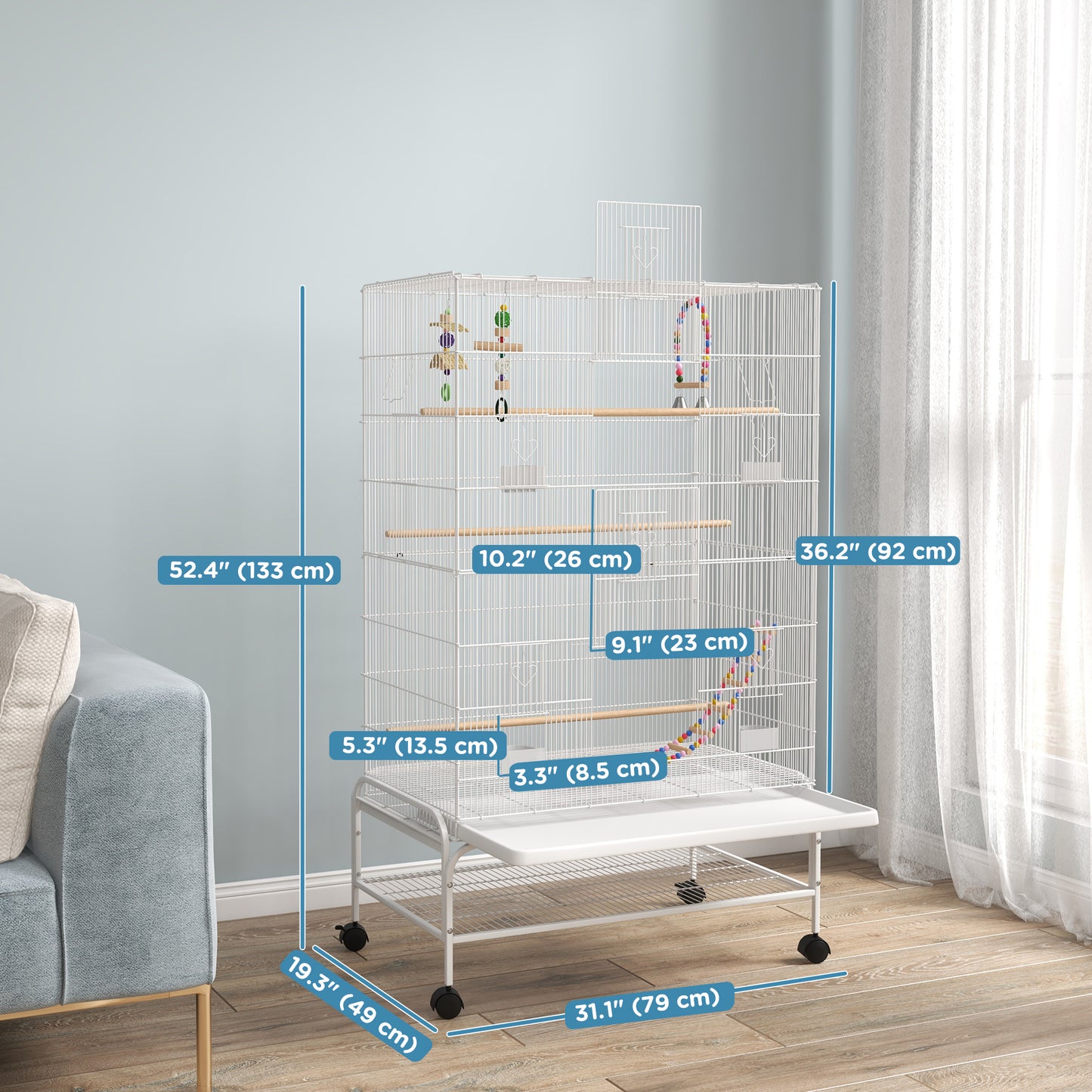 Cage à oiseaux spacieuse avec roulettes et jouets