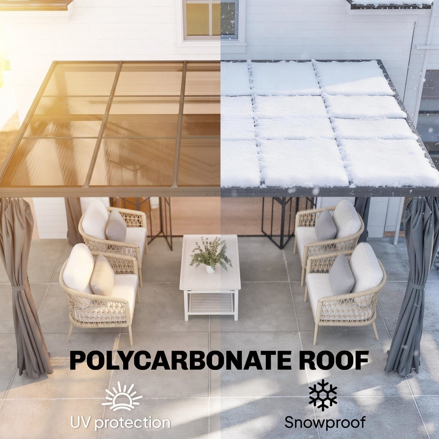 Pergola aluminium toit polycarbonate avec rideaux