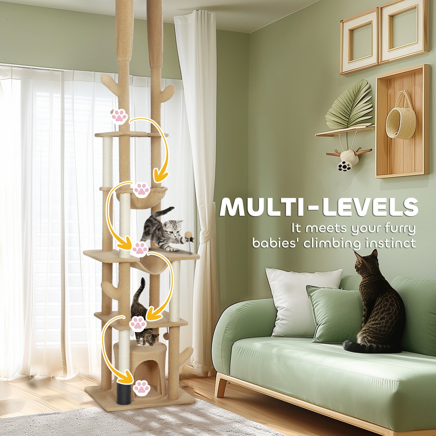 Arbre à chat plafond-sol ajustable 225-255cm avec hamacs