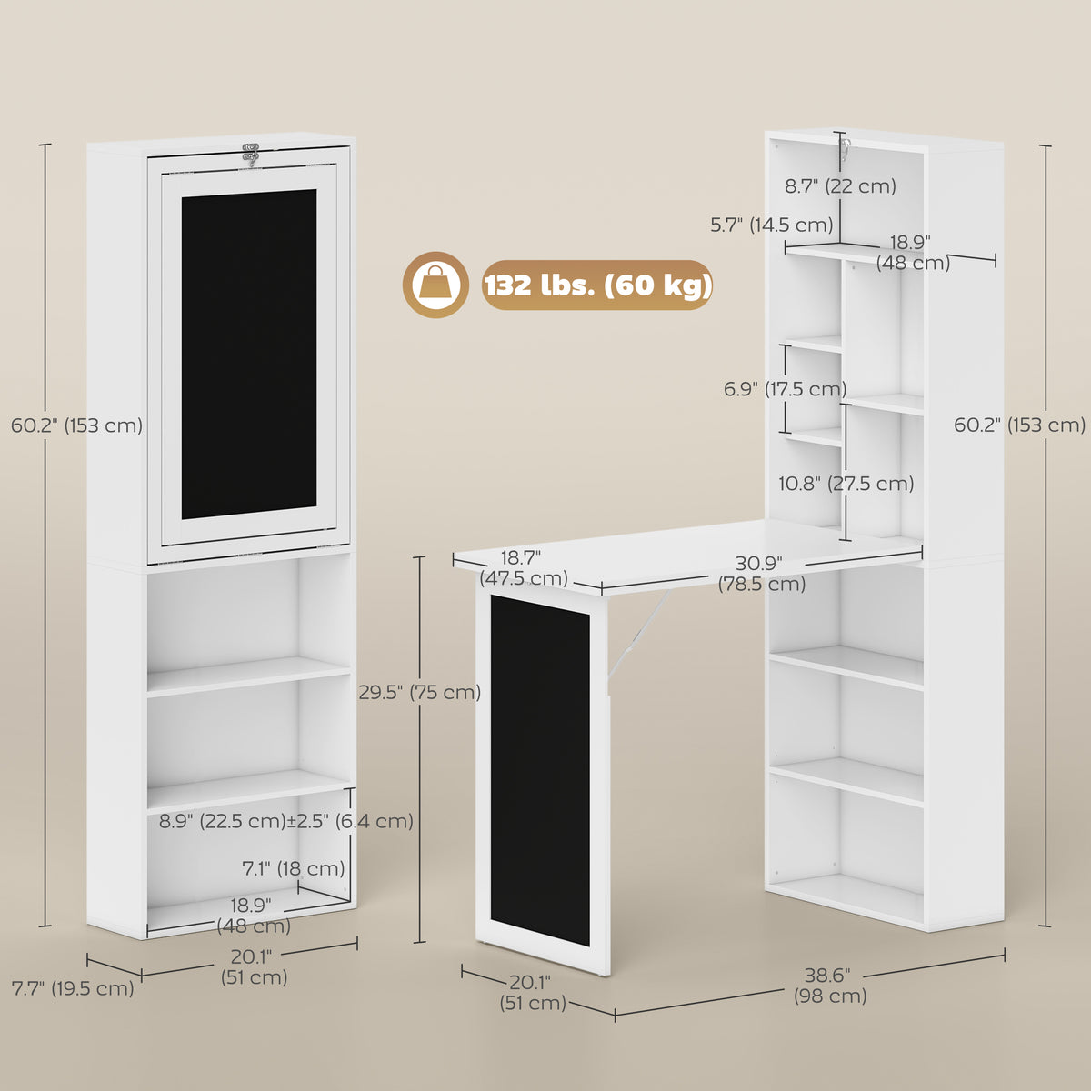 Bureau convertible rabattable mural avec tableau noir