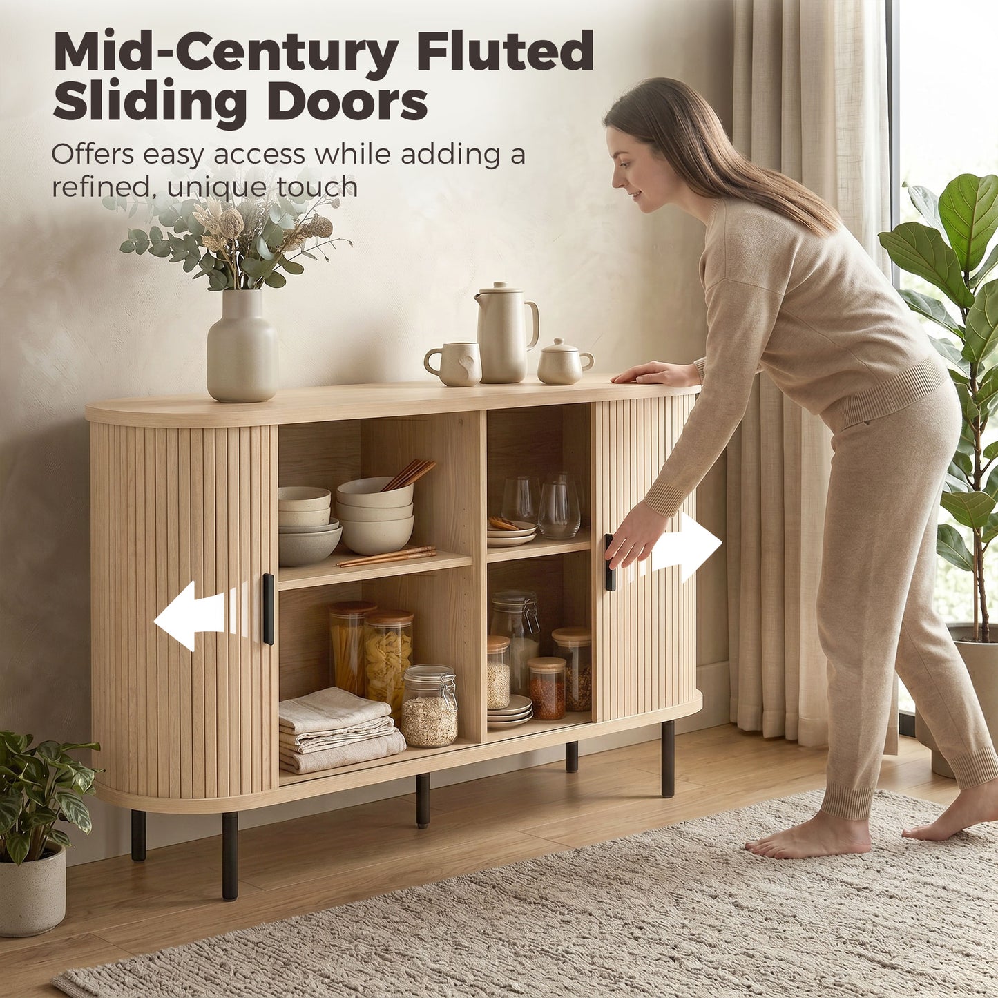 Buffet bahut cannelé portes coulissantes tablettes réglables