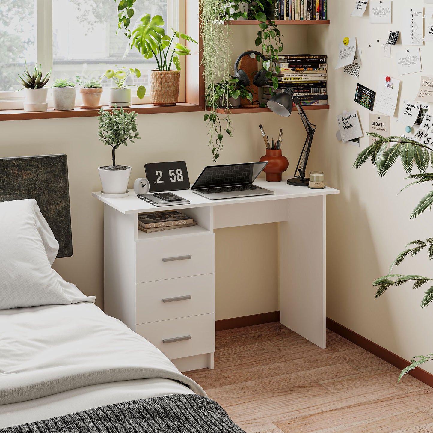 Bureau d'ordinateur avec 3 tiroirs et tablette ouverte