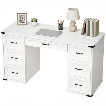 Bureau d'ordinateur 7 tiroirs style fermette 140 cm