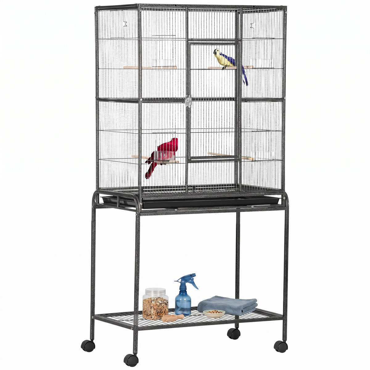 Grande cage à oiseaux sur roulettes avec perchoirs