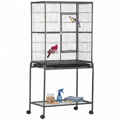 Grande cage à oiseaux sur roulettes avec perchoirs