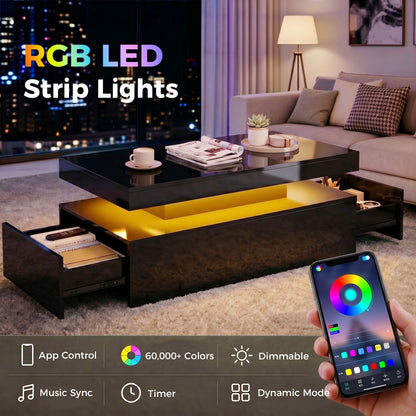 Table basse LED 2 tiroirs haute brillance