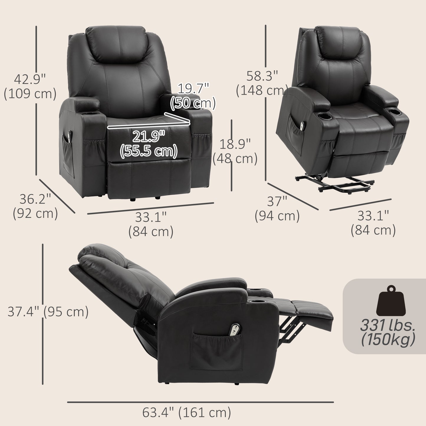 Fauteuil releveur électrique à dossier haut en similicuir