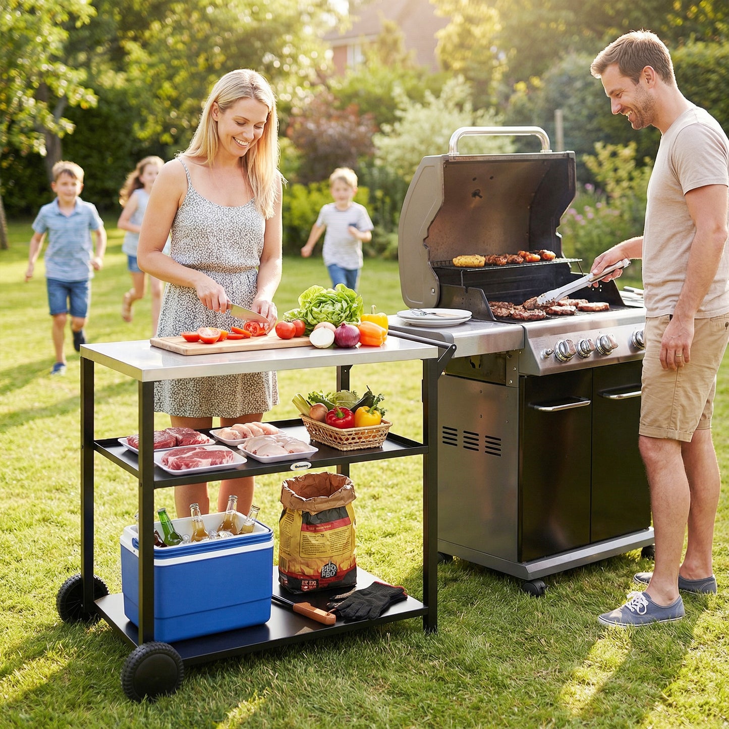 Chariot BBQ mobile 3 tablettes acier inoxydable