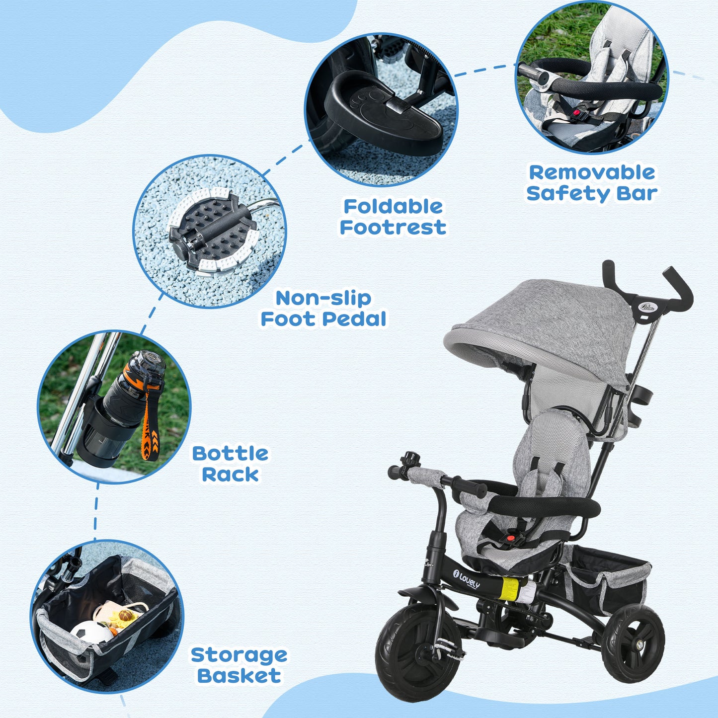 Tricycle 6-en-1 pour tout-petits avec panier et harnais
