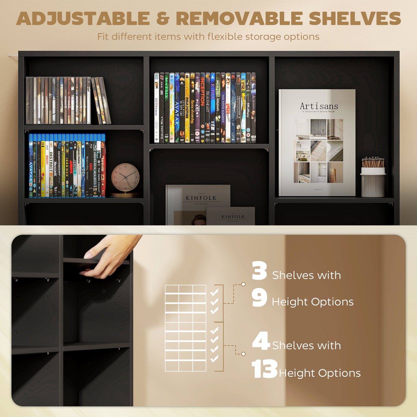 Meuble rangement médias 9 niveaux 21 tablettes ajustables