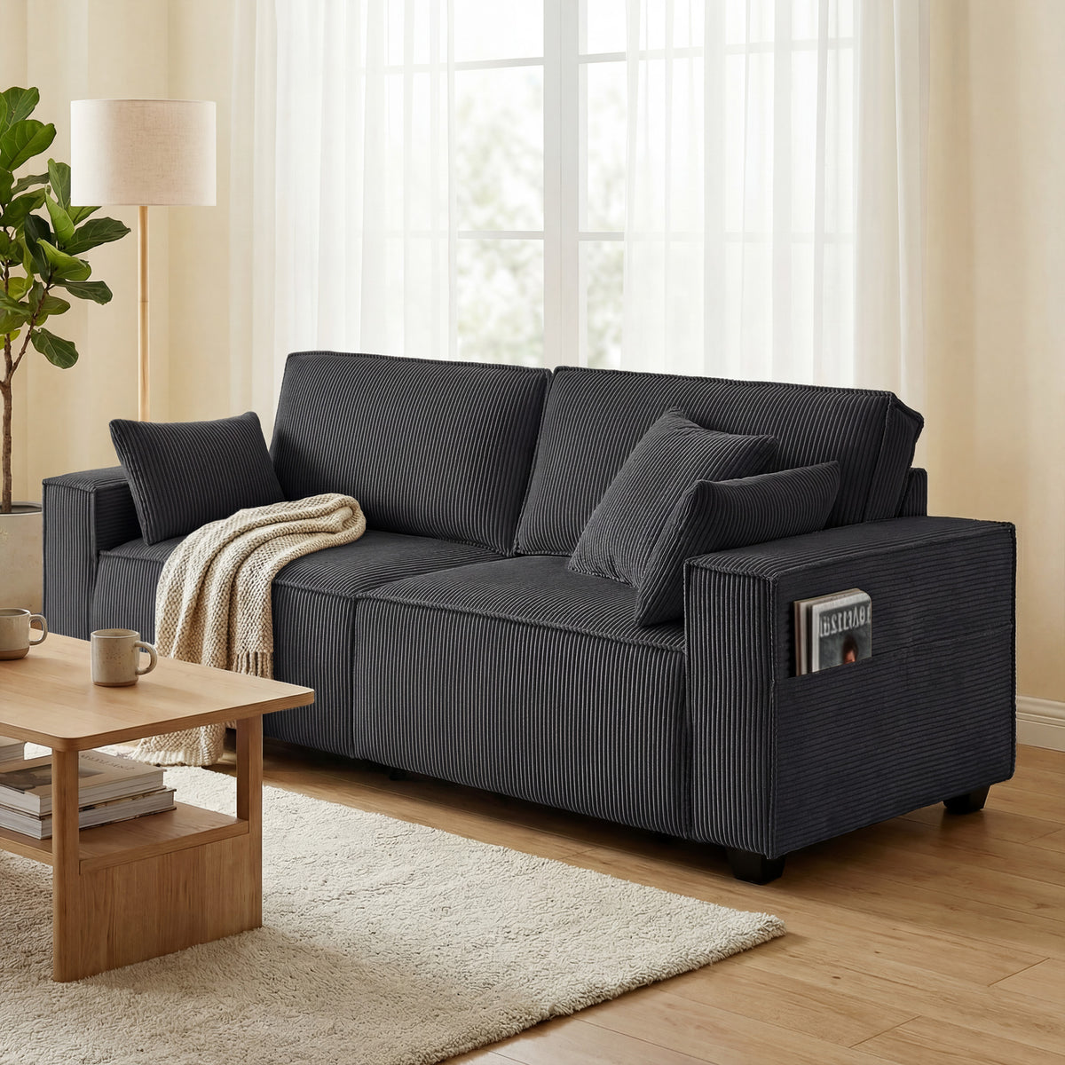 Sofa 3 places à ressorts ensachés en velours côtelé