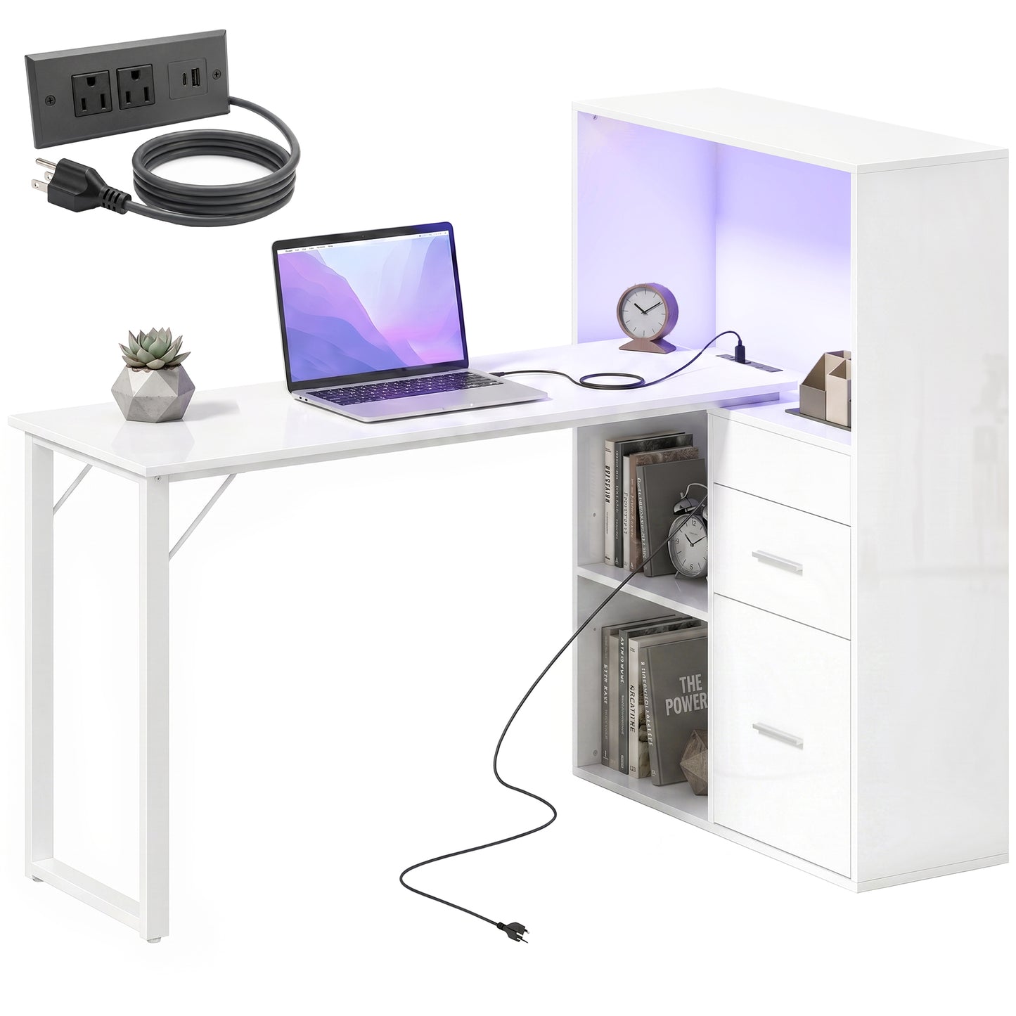 Bureau informatique avec tiroirs, prises et éclairage DEL